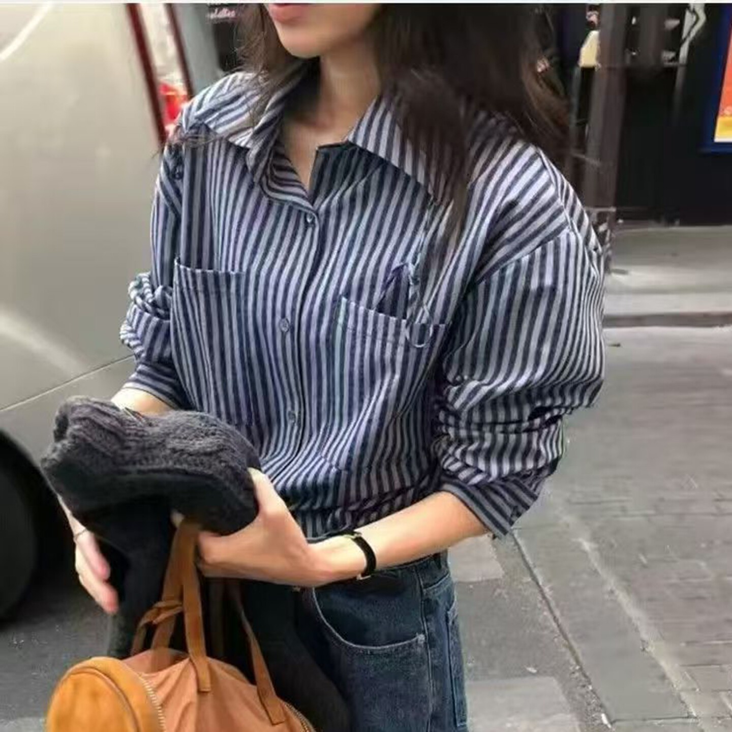 韩国女装休闲宽松系扣竖条纹衬衫
