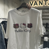 现韩国东大门代购 T恤女 百搭卡通猫咪头像印花短袖 VANTA2025秋季 款