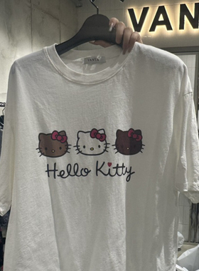 现韩国东大门代购VANTA2025秋季款百搭卡通猫咪头像印花短袖T恤女