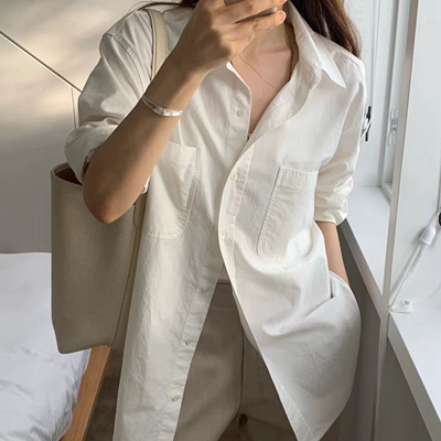 韩国代购宽松休闲纯色系扣衬衫