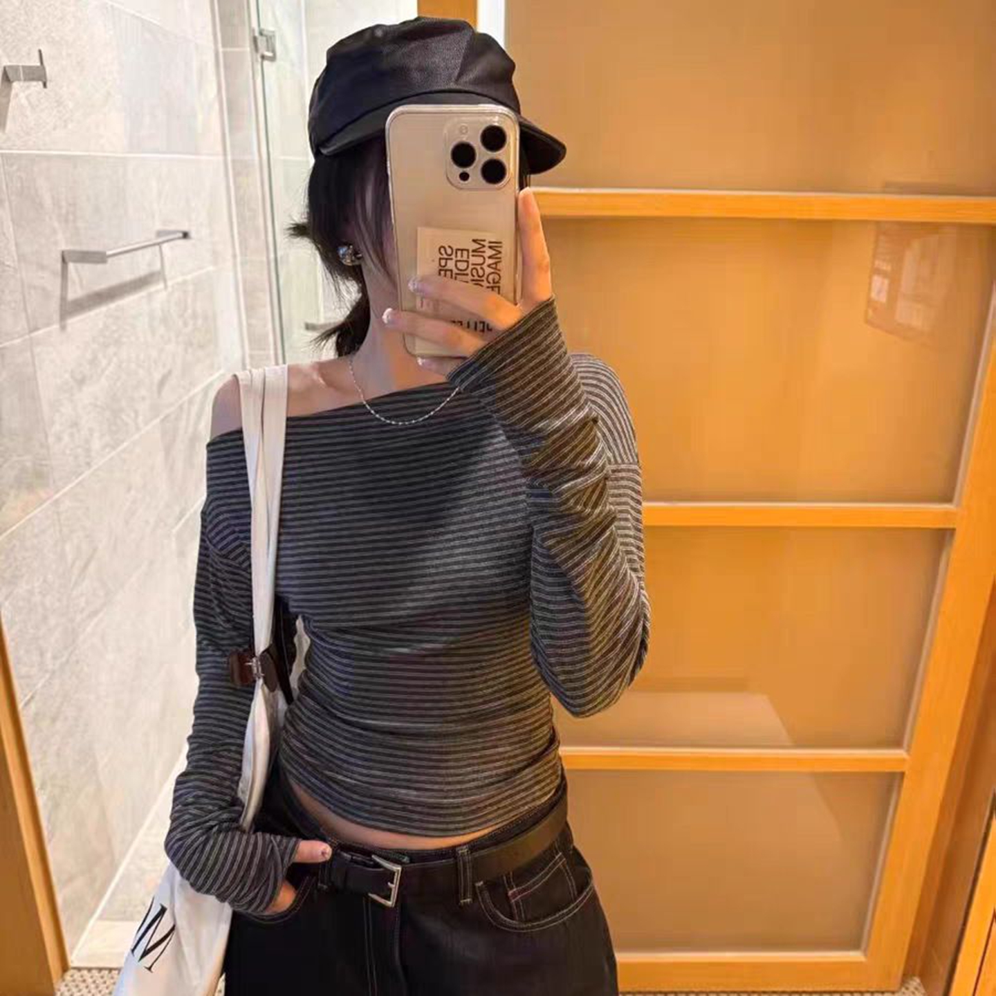 长袖洋气韩国代购斜肩条纹T恤女