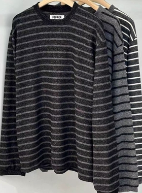 现韩国东大门代购pepper2025秋冬时尚休闲撞色条纹圆领磨毛T恤女