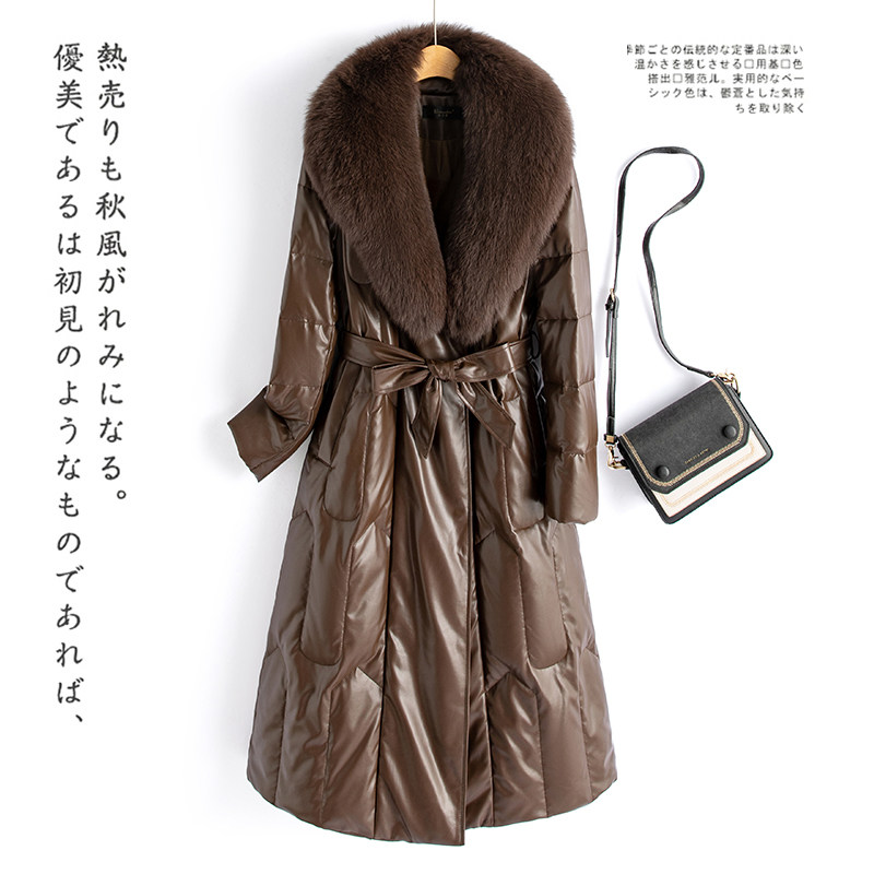 海宁皮羽绒服女长款过膝绵羊皮大码翻领狐狸毛领保暖皮外套皮风衣