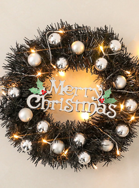 新款圣诞花环30cm/40cm黑色仿真圣诞藤条花圈led门挂圣诞节装饰品