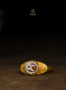 高级18K黄金蚀花古珠轻奢戒指