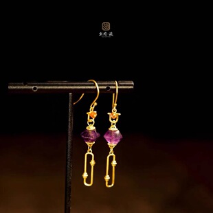 古法18K金古罗马紫水晶耳坠耳环女高级感女耳钉饰品复古董民族风
