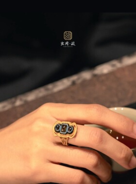 古董珠三眼异形天珠戒指18K黄金原创设计镶嵌高级感饰品指环男女