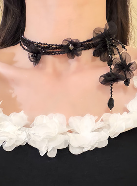 HEY TAO复古黑色多层水晶花朵串珠项链女小众个性礼服配饰锁骨链