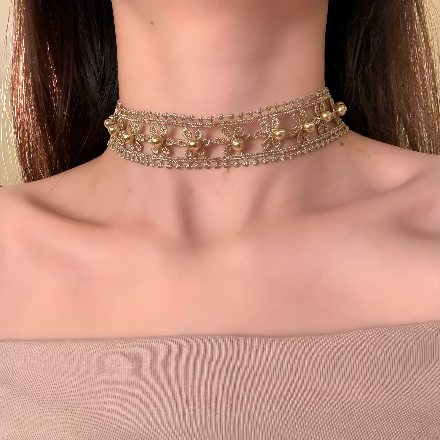 HEY TAO复古金色花朵蕾丝choker项链优雅气质短款毛衣链配饰颈链