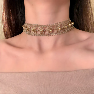 HEY TAO复古金色花朵蕾丝choker项链优雅气质短款毛衣链配饰颈链