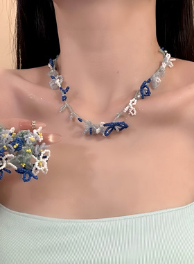 HEY TAO夏季蓝色串珠花朵项链海边度假风氛围感锁骨链配饰颈链女
