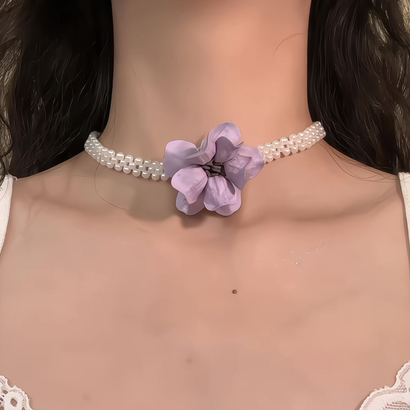 HEY TAO法式温柔风紫色花朵珍珠choker项链女颈链复古气质锁骨链