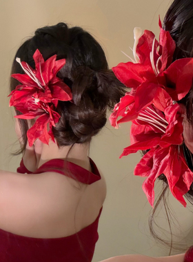 HEY TAO春季甜美氛围感红色花朵发饰女超仙温柔气质发夹头饰发卡