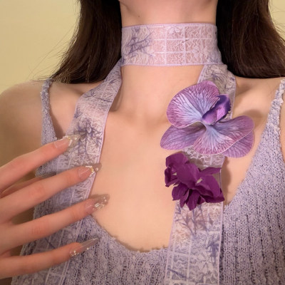HEY TAO早春仙气紫色飘带蝴蝶兰项链女小众纯欲度假风花朵锁骨链