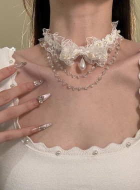 HEY TAO超仙白色蝴蝶结蕾丝choker流苏颈带纯欲气质项链女锁骨链