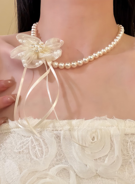 HEY TAO法式复古丝带花朵珍珠项链女气质新娘礼服颈链配饰锁骨链
