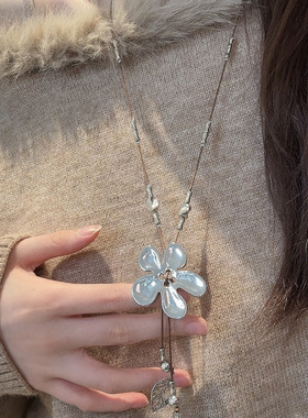 HEY TAO秋冬款银色花朵项链女小众复古气质氛围感颈链毛衣链配饰