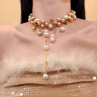 HEY TAO复古金色珍珠十字架choker项链女秋冬甜酷辣妹锁骨链颈链