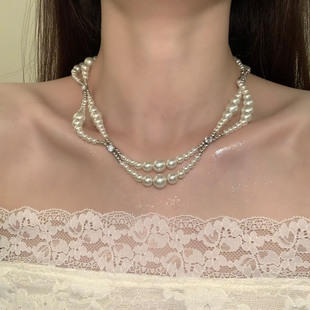 HEY TAO法式复古双层闪钻珍珠choker项链女小众优雅气质锁骨颈链