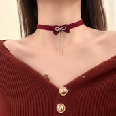 HEY TAO秋冬圣诞节红色蝴蝶结绒布choker项链复古气质颈带毛衣链