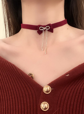 HEY TAO秋冬圣诞节红色蝴蝶结绒布choker项链复古气质颈带毛衣链