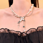 HEY TAO甜酷风巴洛克十字架珍珠项链小众个性 辣妹颈链配饰锁骨链