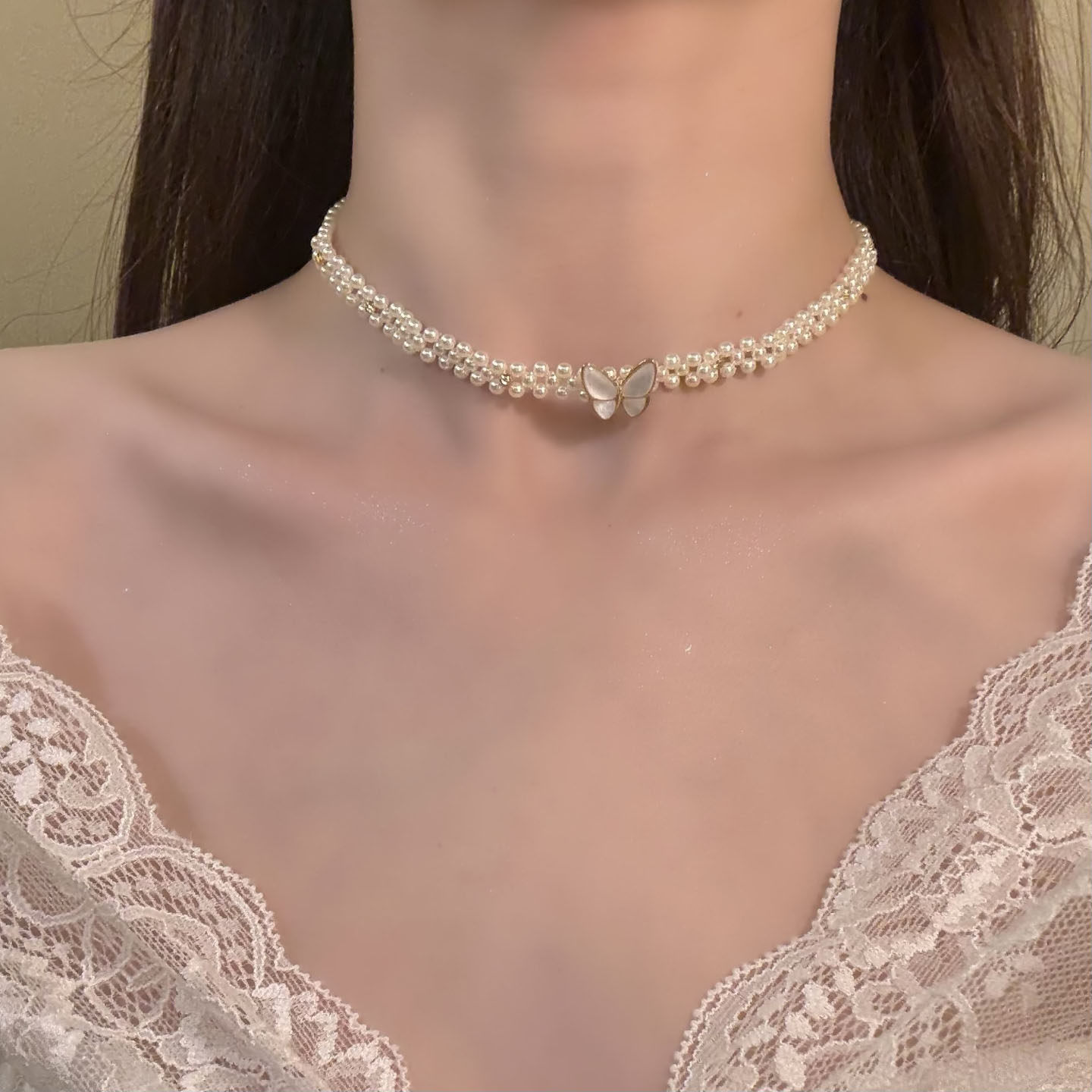 HEY TAO精致贝母蝴蝶珍珠颈链choker项链女轻奢高级感锁骨链配饰