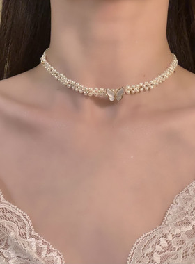 HEY TAO精致贝母蝴蝶珍珠颈链choker项链女轻奢高级感锁骨链配饰