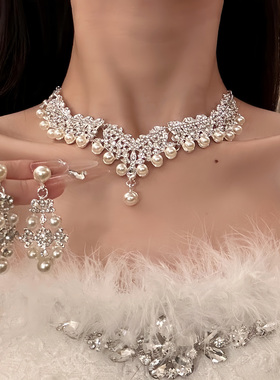 HEY TAO精致闪钻珍珠项链女新娘宴会礼服颈链轻奢婚纱配饰锁骨链