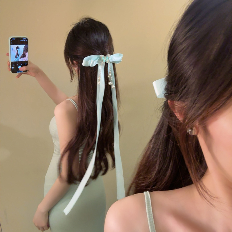 HEY TAO法式芭蕾风少女蝴蝶结飘带发夹女百搭甜美气质鸭嘴夹发饰