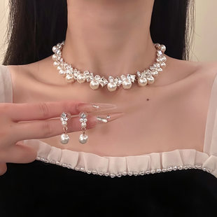 HEY 优雅气质晚礼服锁骨链 TAO轻奢复古水钻珍珠choker项链女时尚