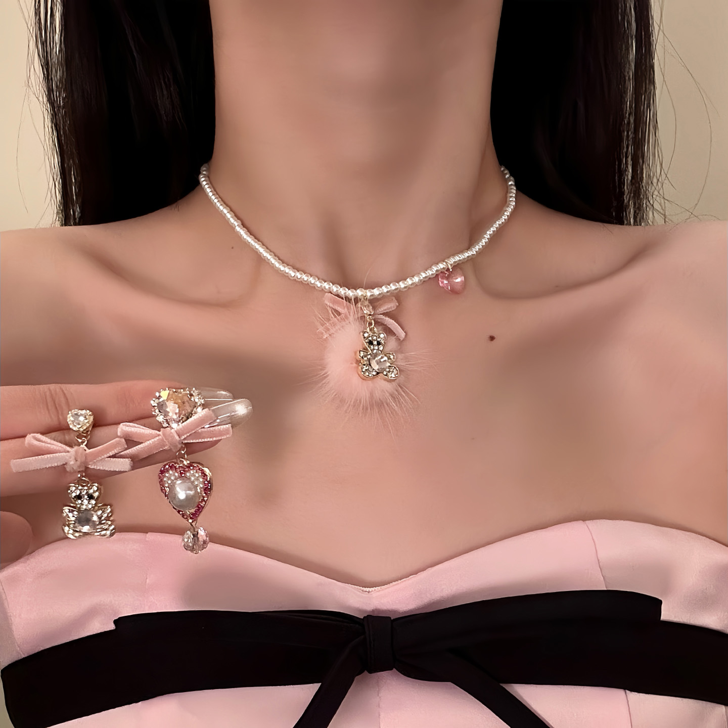 HEY TAO甜美少女心毛球小熊珍珠项链女复古高级感气质颈链配饰品