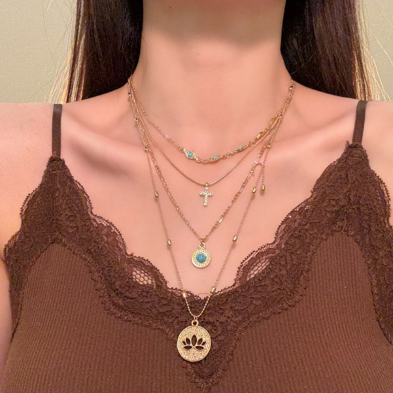 HEY TAO复古vintage项链女镂空花朵十字架吊坠锁骨链多层叠戴颈链