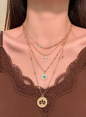 HEY TAO复古vintage项链女镂空花朵十字架吊坠锁骨链多层叠戴颈链