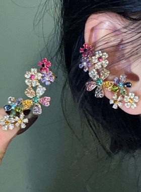 HEY TAO复古彩色水钻花朵耳环女轻奢小众高级感耳钉独特气质耳饰
