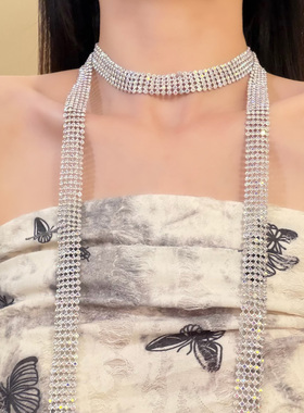 HEY TAO爆闪奢华满钻长款项链女时尚夸张气质颈带锁骨链礼服配饰