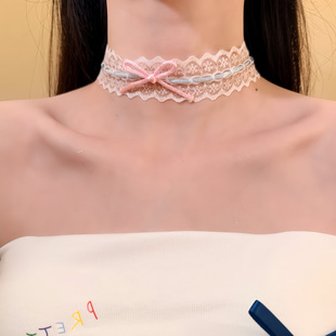 HEY TAO甜美粉色蝴蝶结蕾丝choker颈带项链纯欲气质颈链项圈配饰