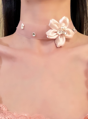 HEY TAO甜美粉色花朵choker项链复古少女气质颈链脖子配饰锁骨链