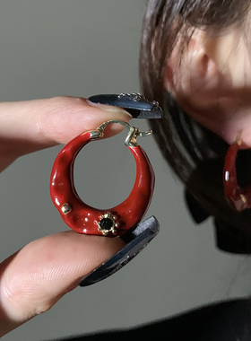 HEY TAO复古红色滴釉耳圈轻奢气质耳环女小众设计高级感耳扣耳饰