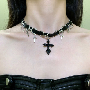 HEY TAO暗黑甜酷辣妹十字架choker项圈女小众个性项链配饰锁骨链