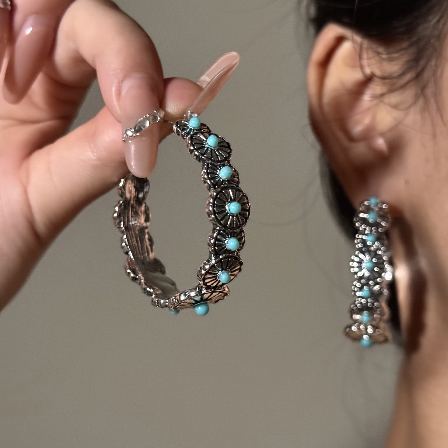 HEY TAO复古民族风绿松石耳环女新中式小众C型耳钉独特设计感耳饰