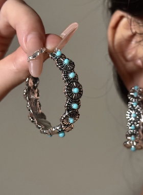 HEY TAO复古民族风绿松石耳环女新中式小众C型耳钉独特设计感耳饰