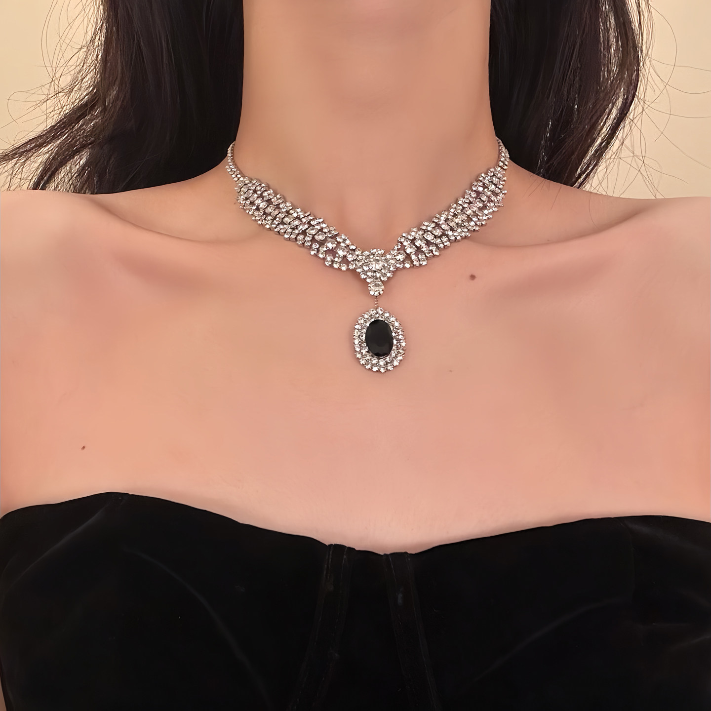 HEY TAO复古黑色水钻吊坠choker锆石项链女轻奢时尚气质锁骨颈链