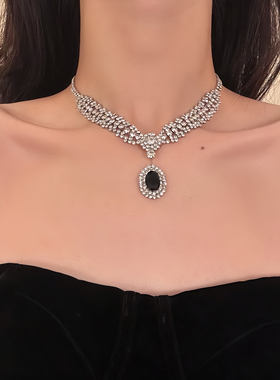 HEY TAO复古黑色水钻吊坠choker锆石项链女轻奢时尚气质锁骨颈链