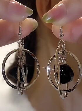 HEY TAO复古黑色水晶几何圈圈耳环女轻奢高级感耳饰独特气质耳钉