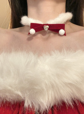 HEY TAO圣诞节红色蝴蝶结毛绒choker项链女甜美氛围感颈链配饰