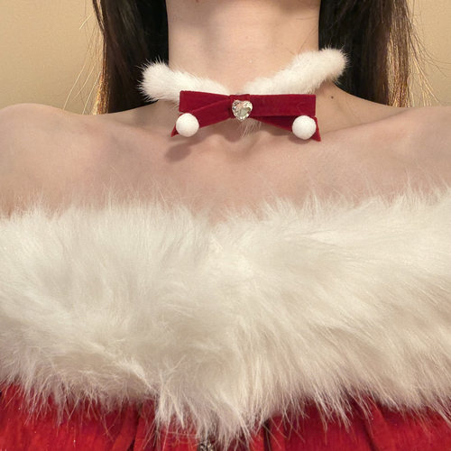 HEY TAO圣诞节红色蝴蝶结毛绒choker项链女甜美氛围感颈链配饰