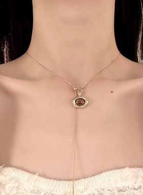 HEY TAO秋冬复古几何虎眼石抽拉项链女小众高级感锁骨链配饰颈链