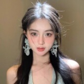 HEY TAO超仙薄荷曼波欧根纱花朵耳环女款 度假风串珠流苏耳饰耳钉