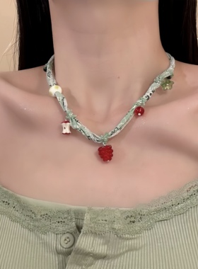 HEY TAO夏季小清新绿色串珠丝巾项链复古少女气质颈链配饰锁骨链